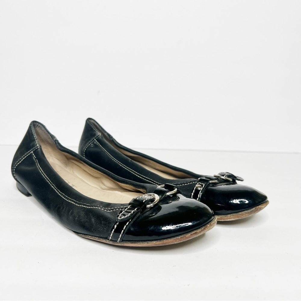 Attilio Giusti Leombruni AGL Black Leather Patent Buckle Cap Flat Shoes Women’s